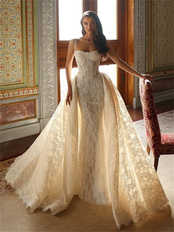 Customized Lace Corset Wedding Dress for Women with Detachable Train Spaghetti Straps Luxury Bride Dress Vestidos De Novia