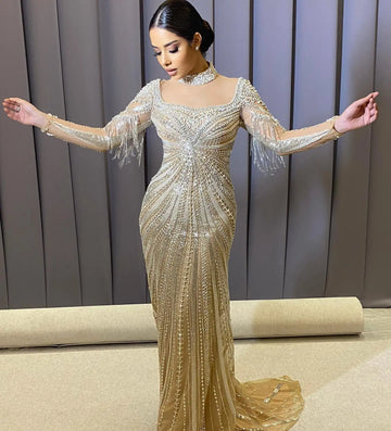 Luxury Champagne Mermaid Dubai Evening Dress with Detachable Overskirt Arabic Women Wedding Formal Party Gowns SS265