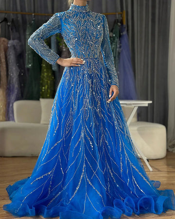 Dubai Evening Dress Muslim Blue High Neck Long Sleeves Beaded Appliques Party Gowns For Special Occasion
