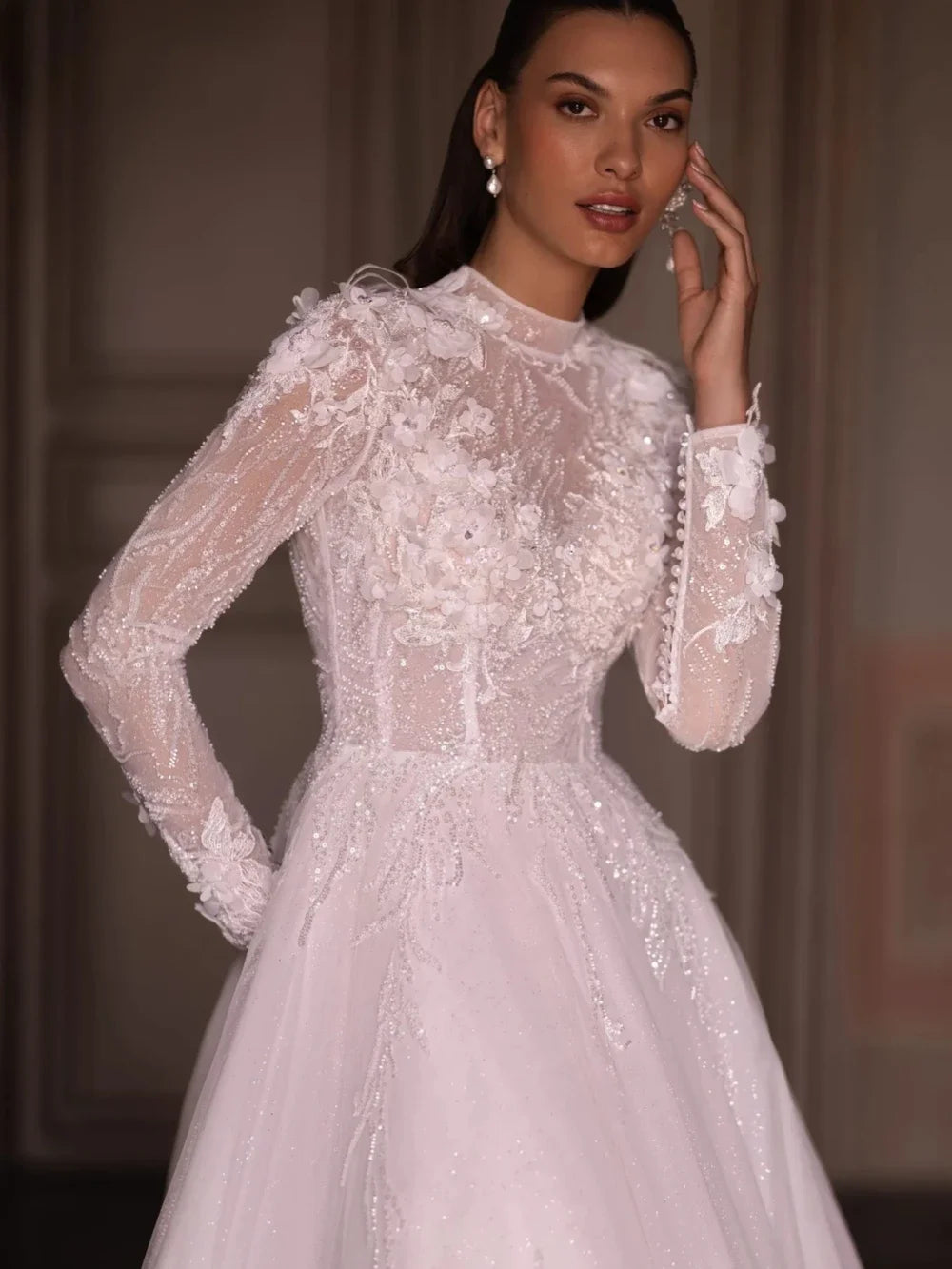 Customized High Collar Wedding Dress Sparkly Beads Bride Elegant Appliques A-line Bridal Gown Robe De Mariee Vestido De Noiva