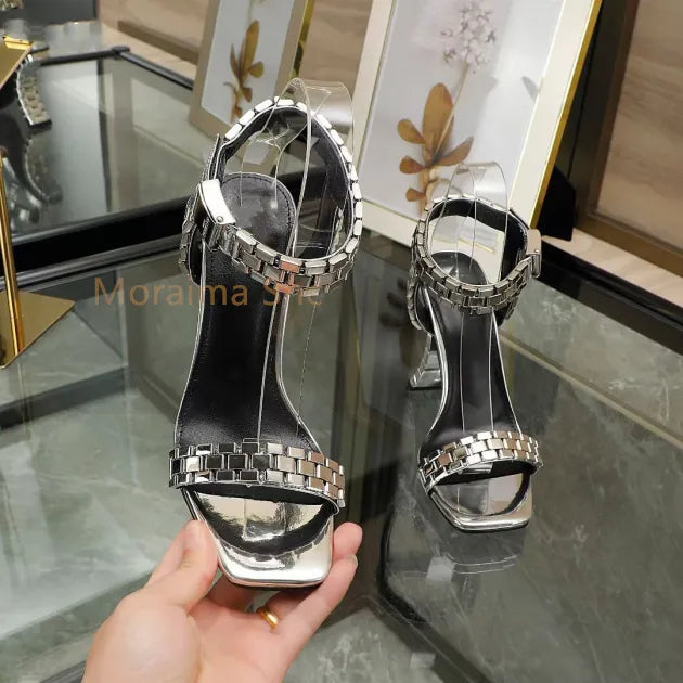 Strange style high heels metal watch chain square toe women sandals summer fashion party catwalk – Pollyanna Events