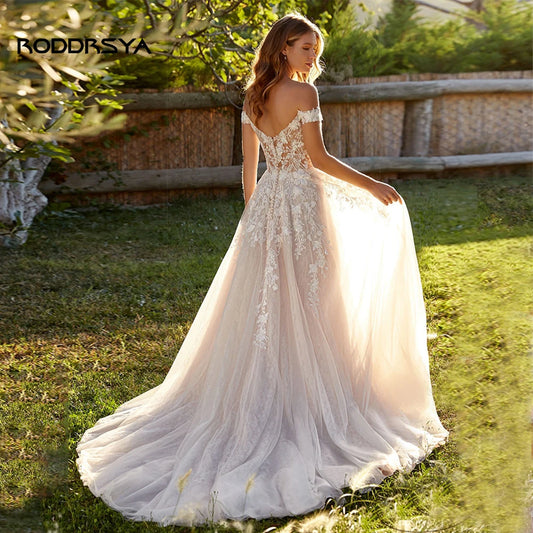 RODDRSYA Luxury Off Shoulder Strapless A Line Wedding Dress For Women 2023 New Lace Sleeveless Modest Bride Gown Robe De Mariée