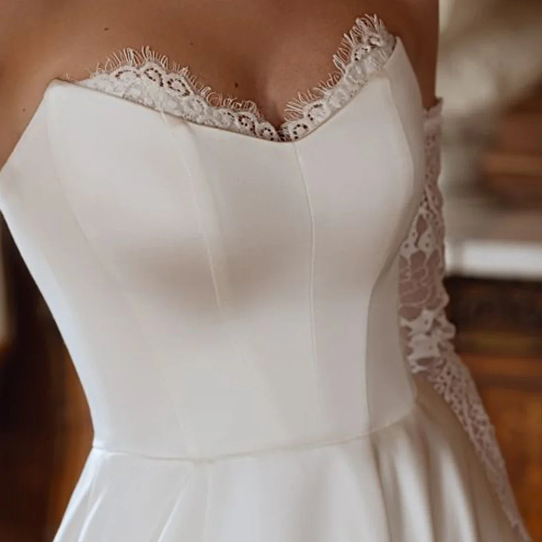 Elegant Satin V Neck Wedding Dress With Slit Long Sleeve Lace Ball Gown For Women Backless Bridal Party Gown Vestidos Novia