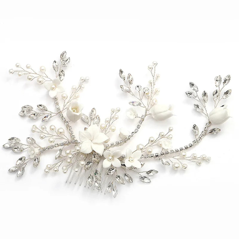 Wedding Accessories Porcelain Flower Hair Comb Pin Imitation Pearl Crystal Hairpin For Brides Women Head Pieces Bridal Jewelry