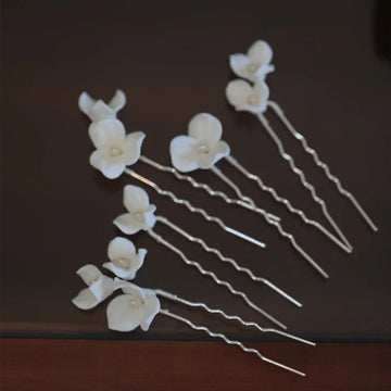 Bridal Jewelry Pearl Hair Pin Clip Porcelain Flower Head Piece For Bride Women Silver Color Hairpin Earrings Wedding Accessories