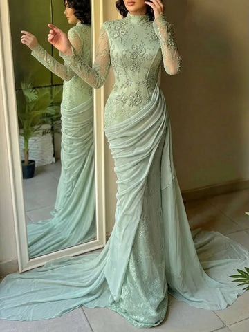 Formal Evening Gowns Luxury Sage Green Appliques Evening Dress Long Sleeves Modest Formal Party Dress