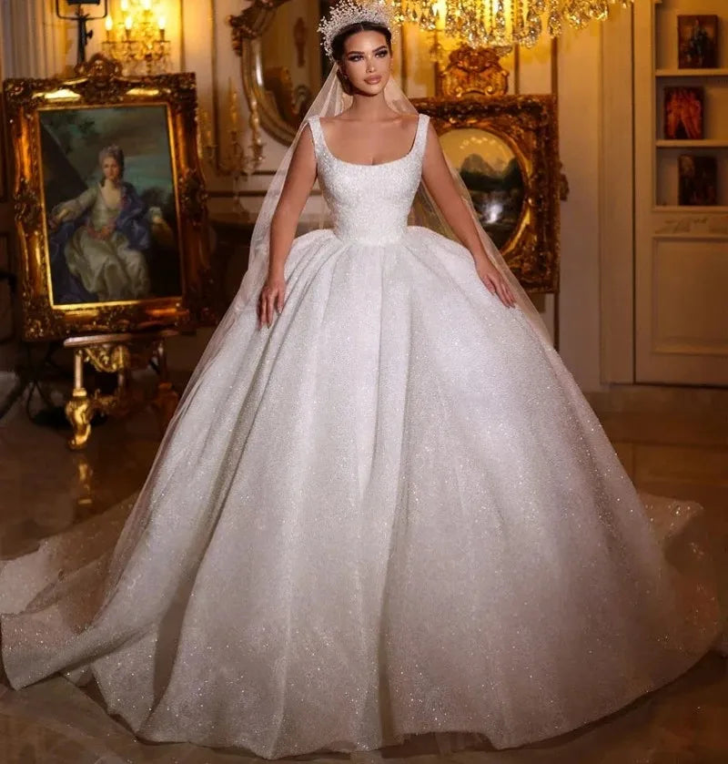 Gorgeous church square neck straps beading pearls sequins backless Dubai bridal gown wedding dress 2026 – Pollyanna Events
