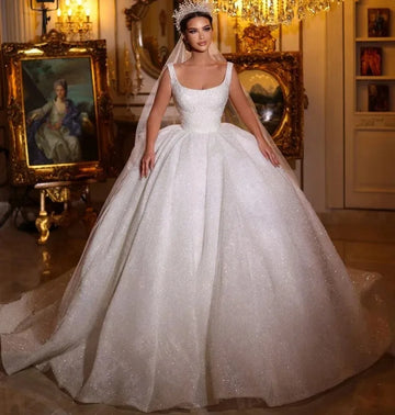 Gorgeous Church Wedding Dress 2026 Square Neck Straps Beading Pearls Sequins Backless Bride Bridal Gowns Dubai Vestidos De Noiva
