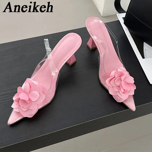 Women's Silk Flower Decorative Single Shoes 2024 Sexy Transparent PVC Pointed Slingbacks High Heels Party Dress Zapatos