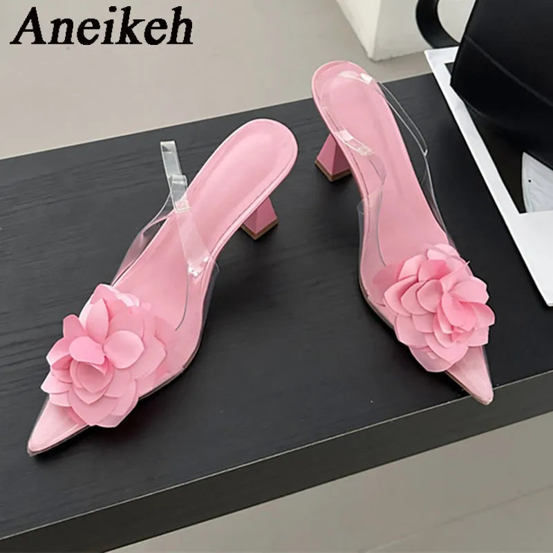 Silk flower transparent PVC pointed slingbacks women sexy high heels party dress shoes zapatos – Pollyanna Events