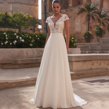 Customized Boho V Neck Wedding Dress Lace Cap Sleeve Bride Dresses Elegant A Line Button Bridal Gown New Vestidos De Novia