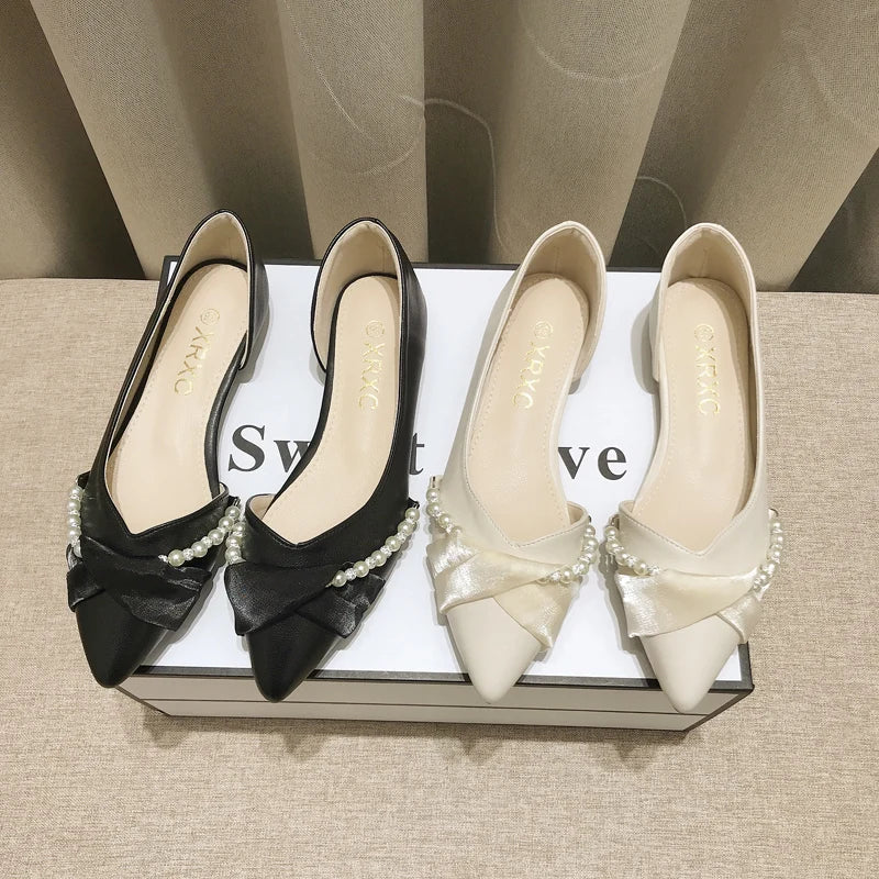 Large Size 45 46 Womens Shoes 2024 Spring/Summer New Korean Pearl Butterfly-Knot Design Office Lady Shoes Versatile Flat Shoes