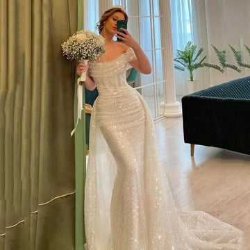 Customized White Glitter Mermaid Wedding Dresses Shiny Sequins Bride Dress Detachable Train Off Shoulder Vestido De Novia