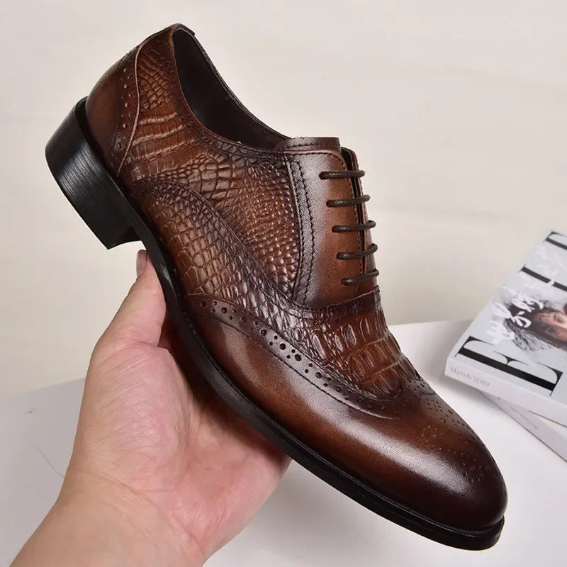 Chaussures décontractées Brock Oxford rétro rétro Crocodile Cuir Men Formal printemps et automne 2024 Nouveaux