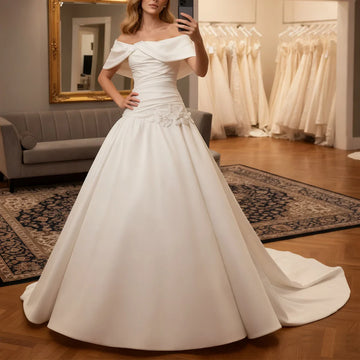 Elegant Off Shoulder Satin Wedding Dress Flower Long Ball Gown For Bride A Line Bridal Party Gown With Train Vestidos Novia