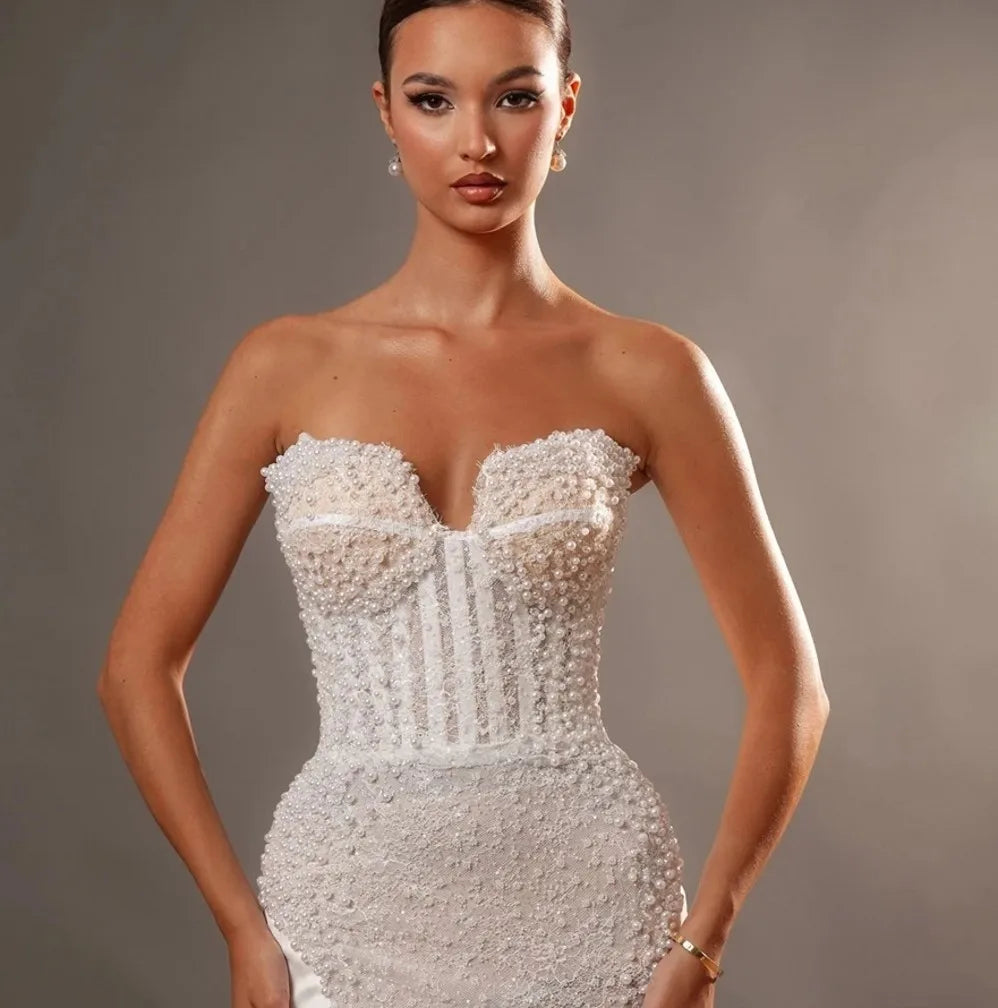 Luxury Lace Mermaid Wedding Dress Strapless Embroidery Pearls Beads Bridal Dresses Bride Party Gown vestidos de novia