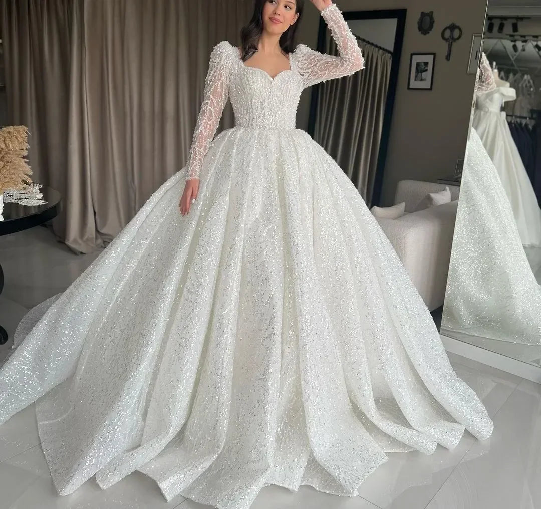 Customized Luxury Sparkly Ball Gown Wedding Dresses Sweetheart Long Sleeves Beaded Appliques Lace Bridal Gowns Vestidos De Novia