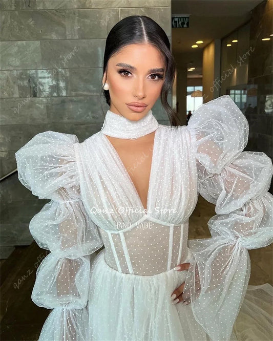 Qanz Boho Tulle Wedding Dresses Puff Sleeves Long A Line Illusion Bridal Gowns V Neck Corset Back Robes De Mariage 2024 élégante