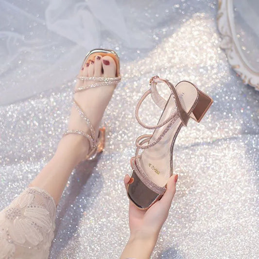 Summer 2024 Square Heels Ladies Shoes Rhinestones Footwear Open Toe Sandals for Women Diamond Party Weddings Trend Korea Shoe H