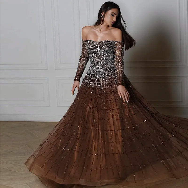 Luxury Dubai Brown Off Shoulder Evening Dresses Long Sleeve Elegant Arabic Women Wedding Party Dress Prom Gown SS022