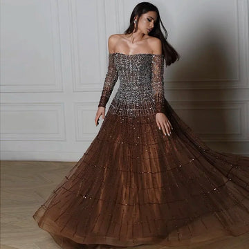 Vestidos de noche de lujo dubai marrón fuera de los hombros