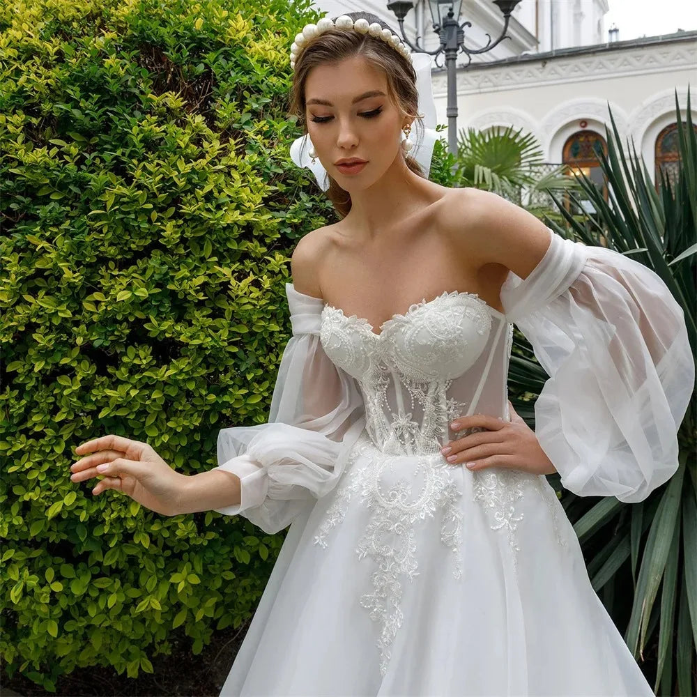 Princess A Line Wedding Dresses For Women Puff Sleeve Appliques Strapless Lace-Up Back Bridal Gown Elegent Robe De Mariée