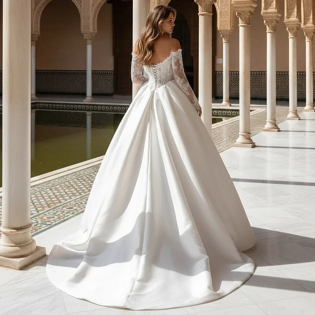 Elegant Lace Satin Wedding Dress For Women Long Sleeve Vestidos Novia Off Shoulder A Line Ball Gown Bridal Party Gown For Bride