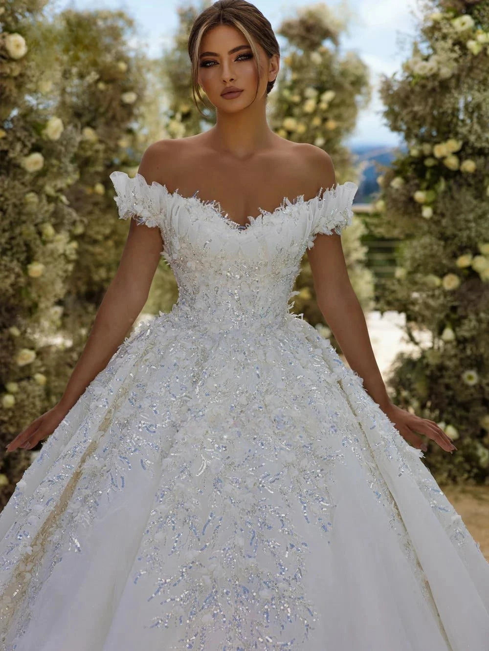 Élégant hors de l'épaule Robe nuptiale paillettes scintillantes 3d robe de mariée de fleur de luxe Longue mariée robe vestido de novia