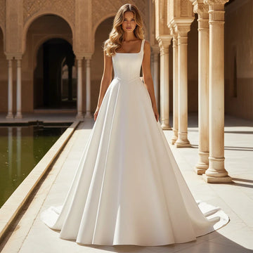 Elegant Vestidos Novia Tank Top Satin Wedding Dress With Bow Long Ball Gown A Line Bridal Party Gown For Bride Lace up Back