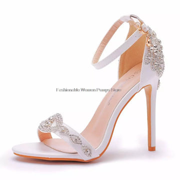 Elegant Women Sandals Bride Wedding Shoes High Heels Stiletto Rhinestone Bridal Party Shoes Women's Luxury Pumps Buckle Big Size