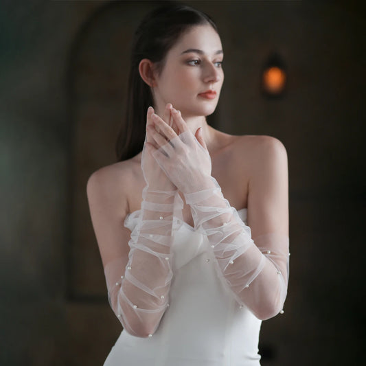 WG052 قفازات رائعة للزفاف بدون أصابع أبيض/أسود طويلة من التل واللؤلؤ للعرائس وصيفة العروس بأكمام إكسسوارات الزواج للنساء