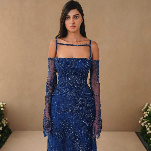 فستان سهرة أزرق كحلي بأكمام طويلة 2024 فاخر مطرز دبي للنساء فساتين حفلات الزفاف SS396