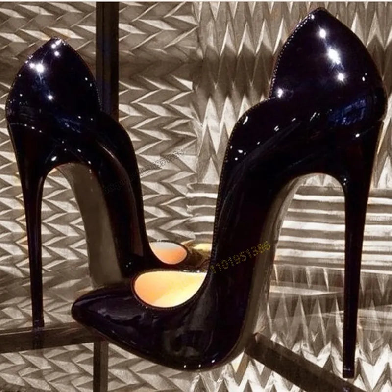Black patent leather shallow pointed toe 12cm pumps stilettos women wedding color options