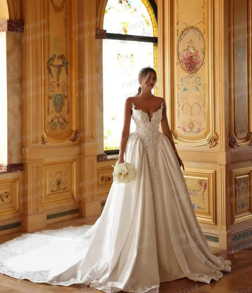 Luxury Wedding Dresses A Line Woman's Lace Sexy Pleat Satin Sweetheart Bride Gowns 2025 Sweep Train Customized Vestidos De Novia
