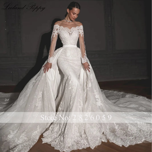 Mermaid Lace Wedding Dresses Beaded Appliques Long Sleeves Bridal Gowns with Detachable Train