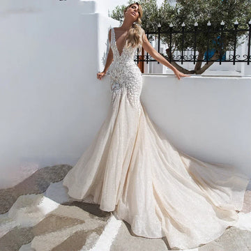 Customized Glitter Sexy Mermaid Wedding Dresses for Women Bride Sleeveless Backless Lace Appliques Vestido De Novia