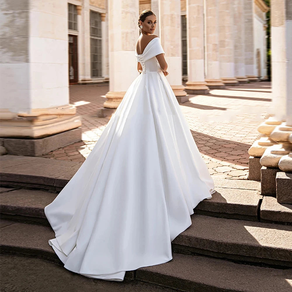 customized V Neck Wedding Dresses A-Line Off The Shoulder Simple Satin Princess Sweep Train Corset Bridal Gowns Vestido De Novia