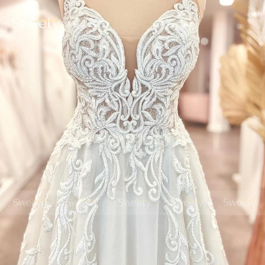 Простота весільна сукня Органза атлас з вишивкою з мереживного сукні з м'яким сукнею A-Line Full Heleve Once Bride Bride Vestido de novia, але