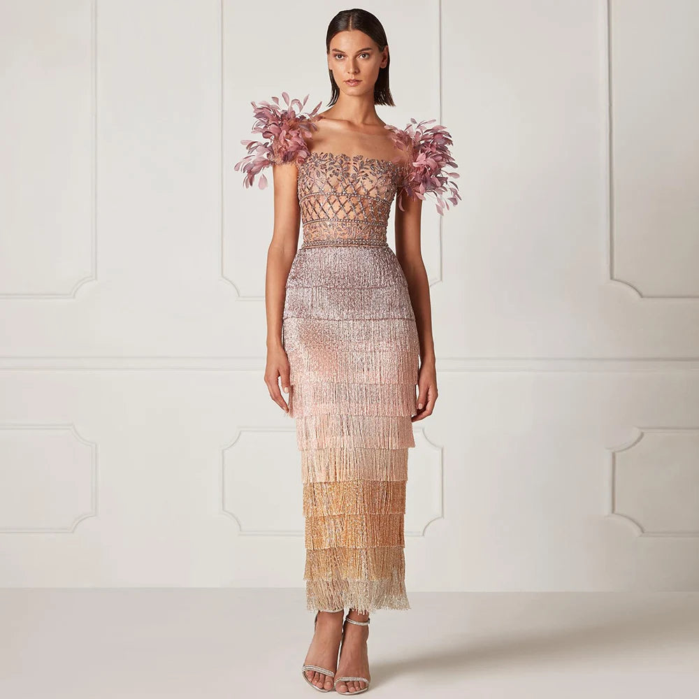 Sharon disse que Dubai Luxury Gradual Tassel Lilac Feathers Vestres de noite 2024 Vestidos de festas de casamento femininos elegantes do tornozelo SS379