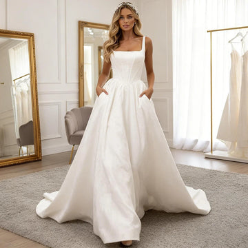 Romantic Floral Satin Wedding Dress Long Pleated Ball Gown For Bride A Line Square Collar Bridal Gown For Women