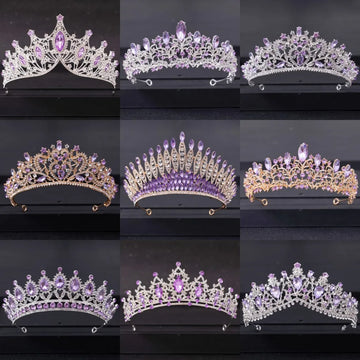 Barroco Gold Silver Color Purple Crystal Tiaras Bridal Crown Dadandas Mujeres Mujeres Pageño Diadema Cabello de boda Accesorios