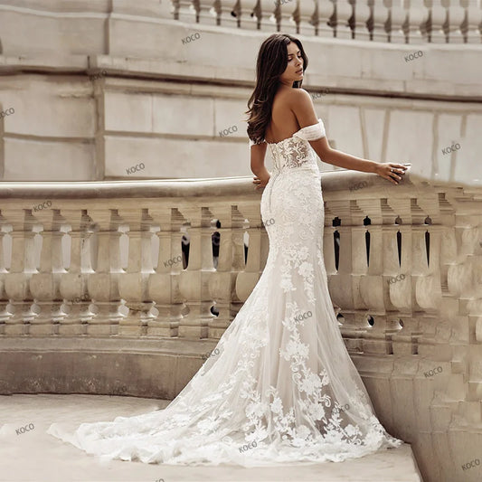 Affascinante abito da sposa sirene appliques in pizzo da spalla a cuore bottoni in campo Treno Vestidos de noni