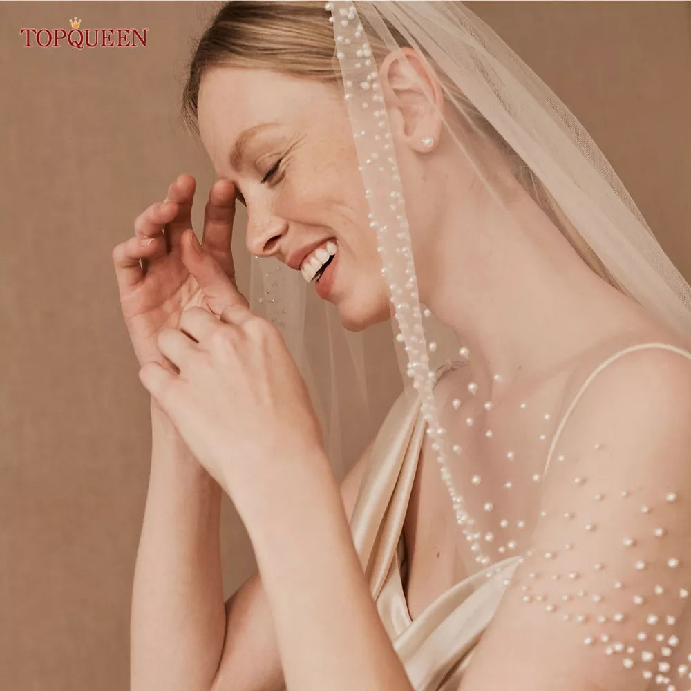 Topqueen Pearls Wedding Veils met kam Bridal Veil Type Laag Dramatisch 1 Tier Pearl Veil Bruil Veils Bead Wedding Veil V157