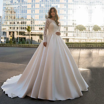 Customized Ball Gown Wedding Dresses Long Sleeves Lace Top Princess Satin With Bow Bride Dress vestido de noiva 2026