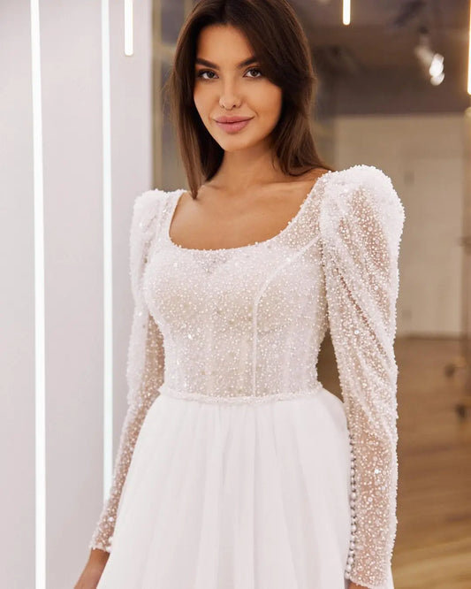 Stunning Beaded Crystal Scoop Neckling Full Sleeves Wedding Dresses Tullr Organza Formal Bridal Grown 2023 Rode De Morrie