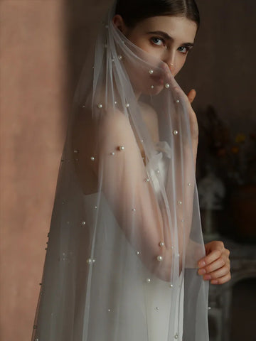 Pearl Long Bridal Veil White Lace Wedding Veils For Evening Dinner Party Dress Women Gift Hair Accessories Brides Jewelry