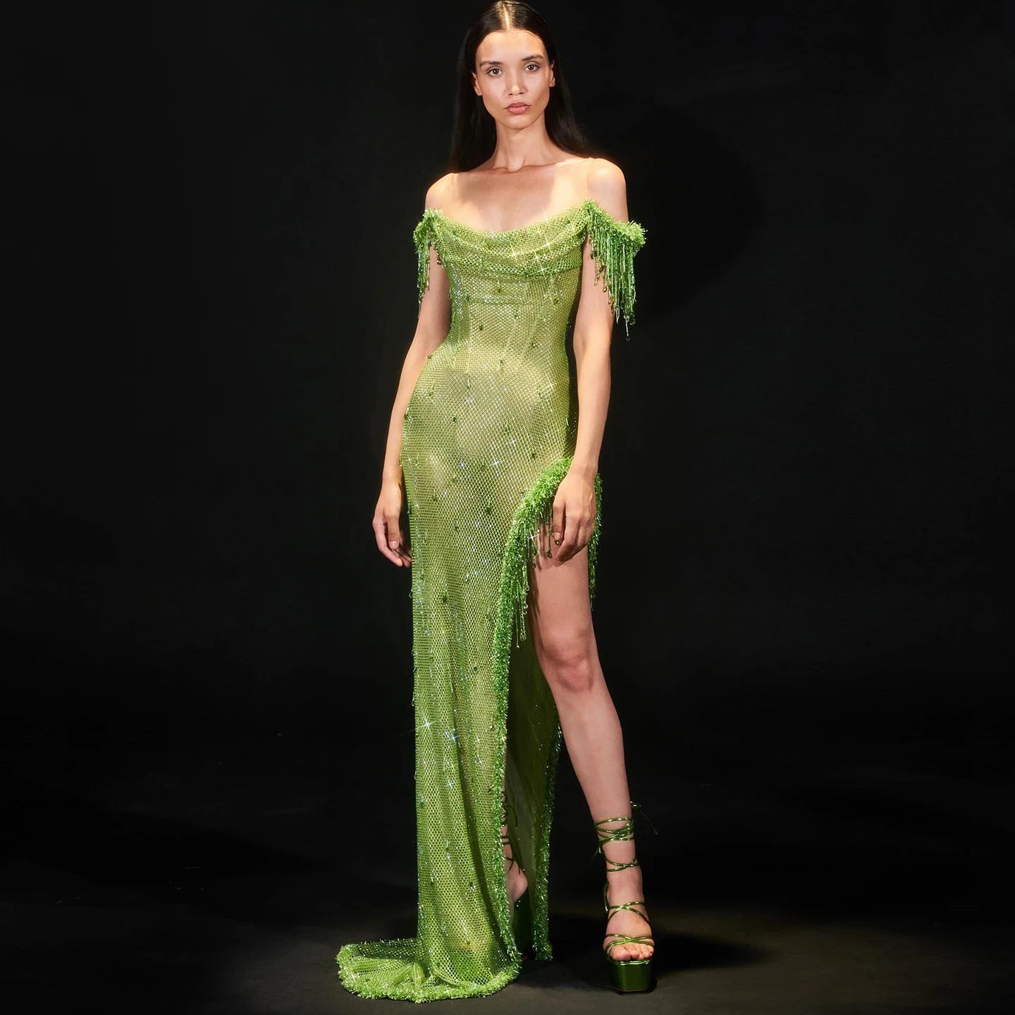 Розкішні кришталеві шавлії зелені вечірні сукні 2024 Арабська висока щілина помаранчева випускна сукня для жінок весільна вечірка SS382