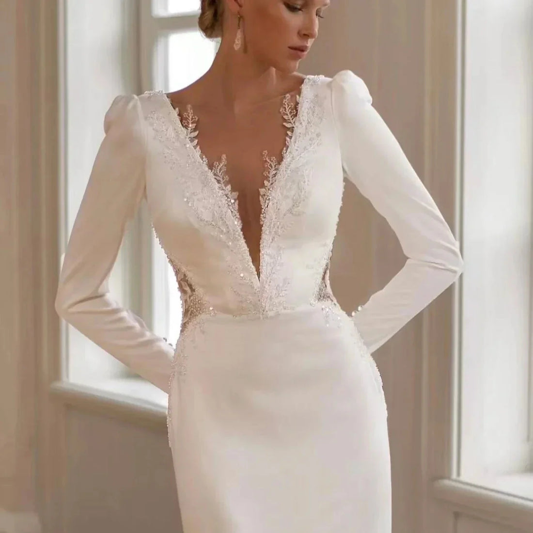 Elegant deep V-neck long sleeves beaded sequins lace sweep train bridal gown 2026 – Pollyanna Events