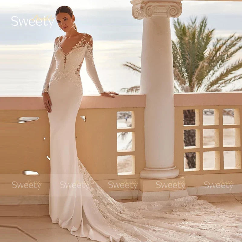 Elegant Wedding Dress Organza Satin With Lace Mermaid Ball Gown Train O-Neck Full Sleeve Bride Dress Back Button Robe De Mariee