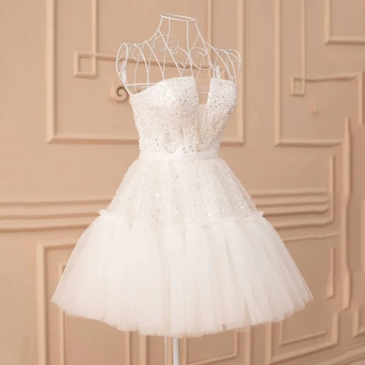 Sexy Short Wedding Dresses for Woman Sweetheart Neck Mini Tulle Bridal Growns Sequin Pearls Above Knee A-line Vestidos De Novia